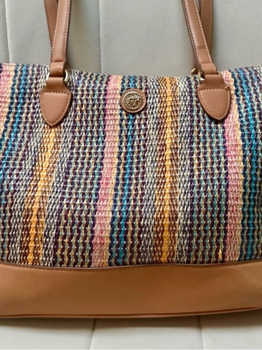 Anne Klein Multicolor Striped Woven Tote with Tan Trim